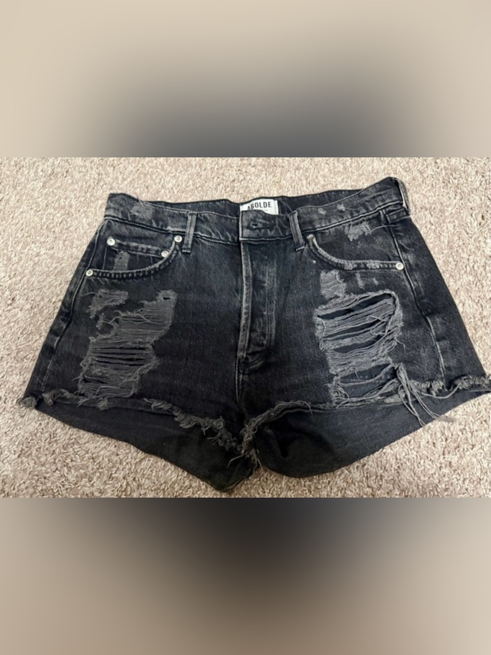 Agolde Black High Rise Distressed Denim Shorts size 28 Raw Hem Premium Women’s